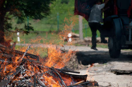 Burning debris from the floods in Hermanice, Czech Republic (2010)の写真素材