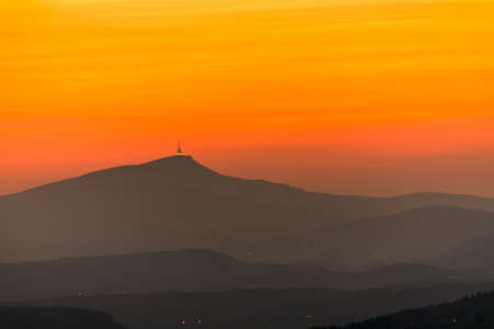 Mountain hotel and transmitter Jested, sunsetの写真素材