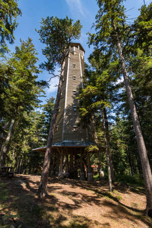 Sedlo Lookout Tower is a wooden tourist sightseeing tower on the top of Sedlo mountain, located above the village of Albrechtice near Susice in the northwest of the Sumava foothills.の写真素材