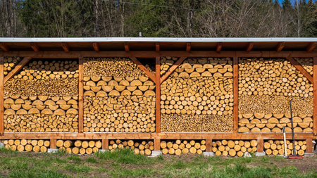 Stacked in a woodpile for heating the house in winter. Wood fuel under the roof.の写真素材