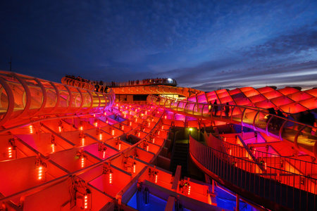 Seville, Spain - March 3, 2023: Metropol Parasol at night.のeditorial素材