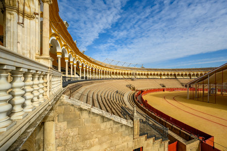 Seville, Spain - March 4, 2023: Interior shot of the Plaza de Toros Real Maestranzaのeditorial素材