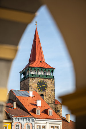 Colorful renaissance houses and Valdice Gate at Wallenstein Square in Jicin, Czech Republic.の写真素材