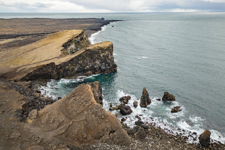 Reykjanesta Cliffs, Iceland. Ocean coast in spring. Icelandic landscape seashoreの写真素材