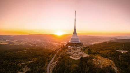 Jested Mountain with unique building on the summit. Liberec, Czech Republic.の写真素材