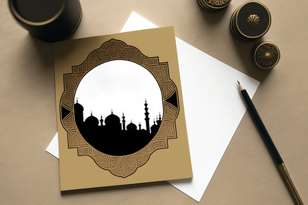 Ramadan Kareem greeting card with mosque and calligraphy.の素材