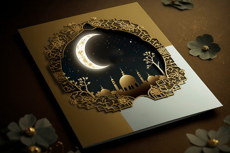 Ramadan Kareem greeting card with mosque and crescent moon. 3D renderingの素材