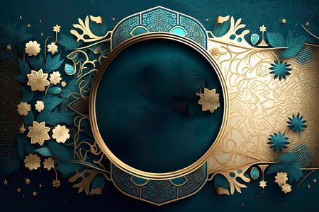 Blue background with golden ornament and frame for text. 3D illustrationの素材