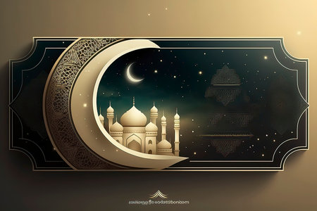 Ramadan Kareem background with mosque and crescent moon. Vector illustration.の素材