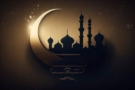 Ramadan Kareem greeting card with mosque and crescent moon.の素材