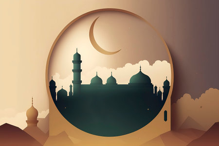 Ramadan Kareem background with mosque and crescent moon. Vector illustration.の素材
