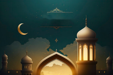 Ramadan Kareem greeting card with mosque and crescent moon. Vector illustrationの素材