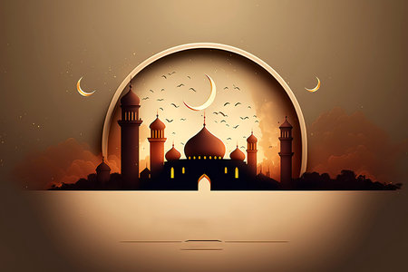 Ramadan Kareem background with mosque and crescent moon. Vector illustration.の素材
