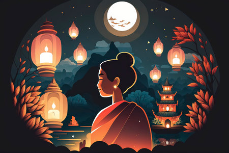 Beautiful woman with lanterns and moon in the night. Vector illustration.の素材