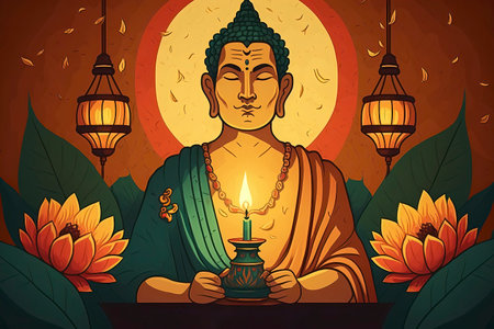 Buddha with a candle and lotus flowers. Vector illustration.の素材