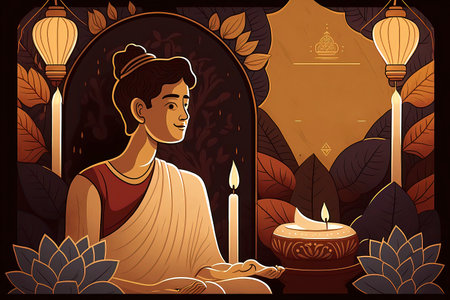 Buddha with candle and lotus flower in the temple vector illustration graphic designの素材