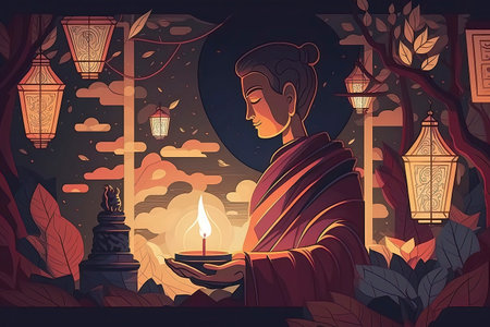 Hindu monk with a candle in his hand. Vector illustration.の素材