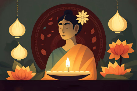 Vector illustration of a woman with a candle in her hands and lotus flowersの素材