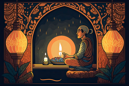 Vector illustration of a Buddhist monk meditating in the prayer room.の素材
