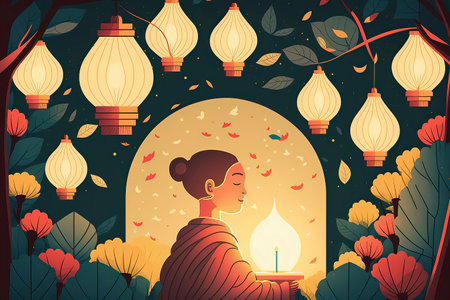 Vector illustration of a girl in a night forest with lanterns.の素材