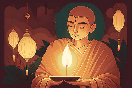 Buddhist monk with a candle in his hand. Vector illustration.の素材