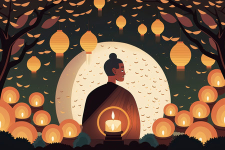 Buddhist monk with candle in the forest. Vector illustration.の素材