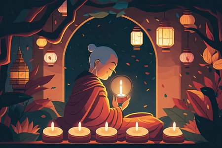 Buddhist monk with candles in the temple. Vector illustration.の素材