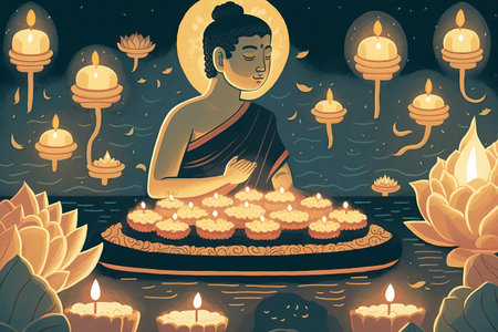 Illustration of Buddha with lotus flowers and candles in the backgroundの素材