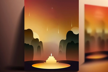 Illustration of Ramadan Kareem greeting card with mosque and candle.の素材