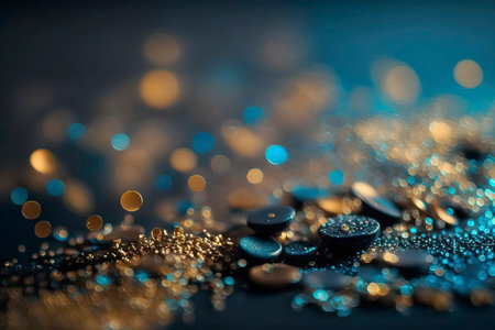 Macro shot of shiny sequins on a dark background with bokehの素材