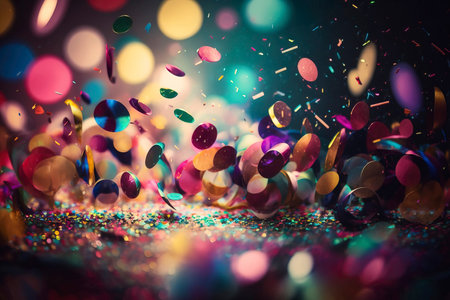 Colorful confetti with bokeh effect on black background.の素材