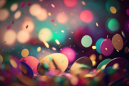 Easter eggs and confetti on colorful bokeh background.の素材