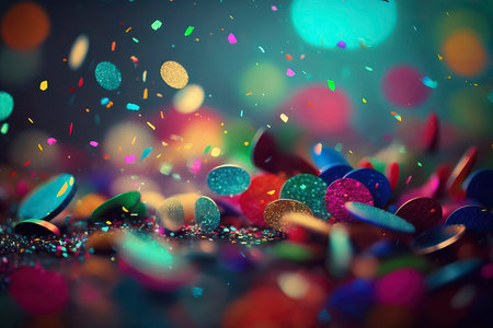 Colorful confetti and bokeh lights background with copyspaceの素材