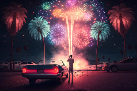 Man in the middle of a road with a car on firework backgroundの素材