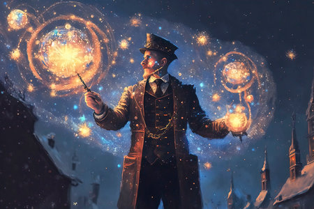 Magician with magic wand in his hand. Fantasy and imagination.の素材