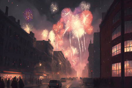 Digital painting of a cityscape with fireworks exploding in the sky.の素材