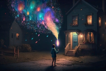 Little boy blowing firework in front of his house. Mixed mediaの素材