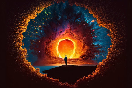 Man looking at the sun coming out of the hole in the earthの素材
