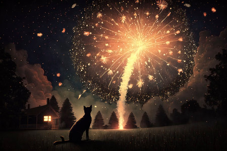 Silhouette of cat against night sky background with fireworks and houseの素材