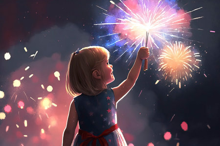 Cute little girl with sparkler against colorful fireworks exploding around herの素材