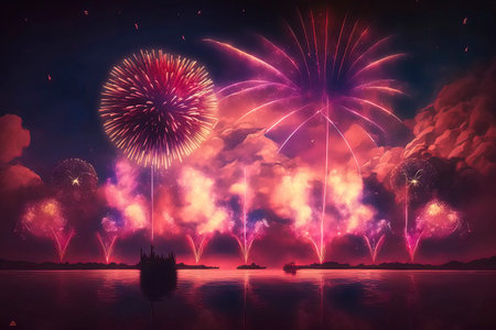Colorful fireworks with reflection on water at night, New Year celebrationの素材