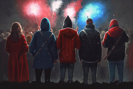 Group of people watching a firework show at night in the cityの素材