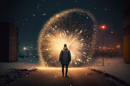 Back view of man in winter jacket looking at fireworks above his headの素材