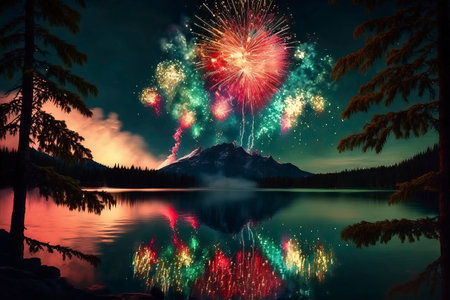 Colorful fireworks over mountain lake at night with reflection in water.の素材