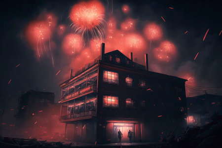 Fireworks in the night sky over the old city. Illustrationの素材