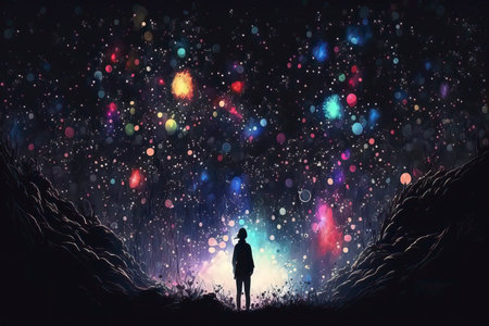 Silhouette of a man standing in a fantasy forest with colorful bokehの素材