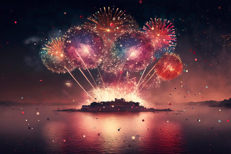 Fireworks in the night sky with cruise ship on the water.の素材