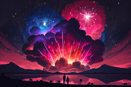 Night sky with firework and people silhouettes.の素材