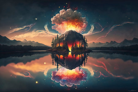 Fantasy landscape with a volcano in the clouds. Collage.の素材
