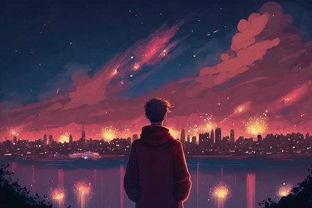 Young man looking at the big city on the background of the night skyの素材
